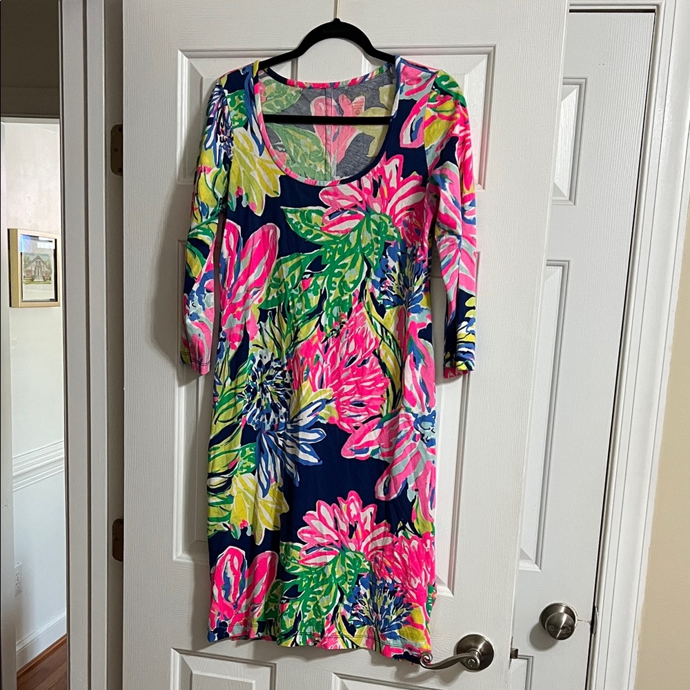Lilly Pulitzer Colorful Floral Kenzie Dress Resort Navy Travelers Size Medium